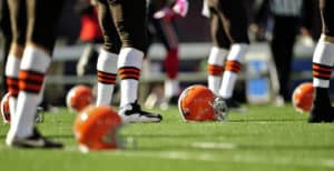 The Cleveland Browns warm up prior to a game against the Buffalo Bills at Ralph Wilson Stadium in Orchard Park, New York. The Browns defeated the Bills 6-3 for Cleveland's first win of the season.