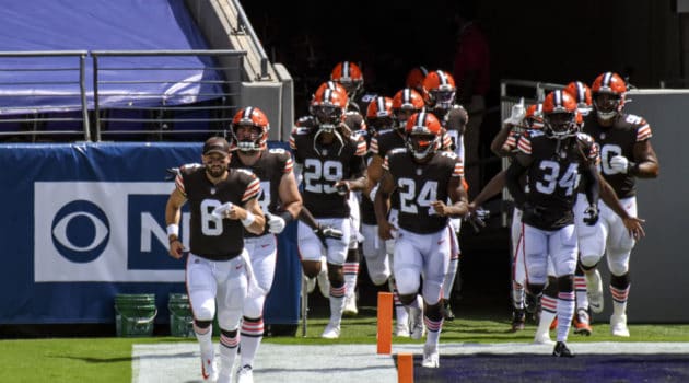 Cleveland Browns quarterback Baker Mayfield (6) leads the Cleveland Browns out of the tunnel for the game against the Baltimore Ravens on September 13, 2020, at M&T Bank Stadium in Baltimore, MD.
