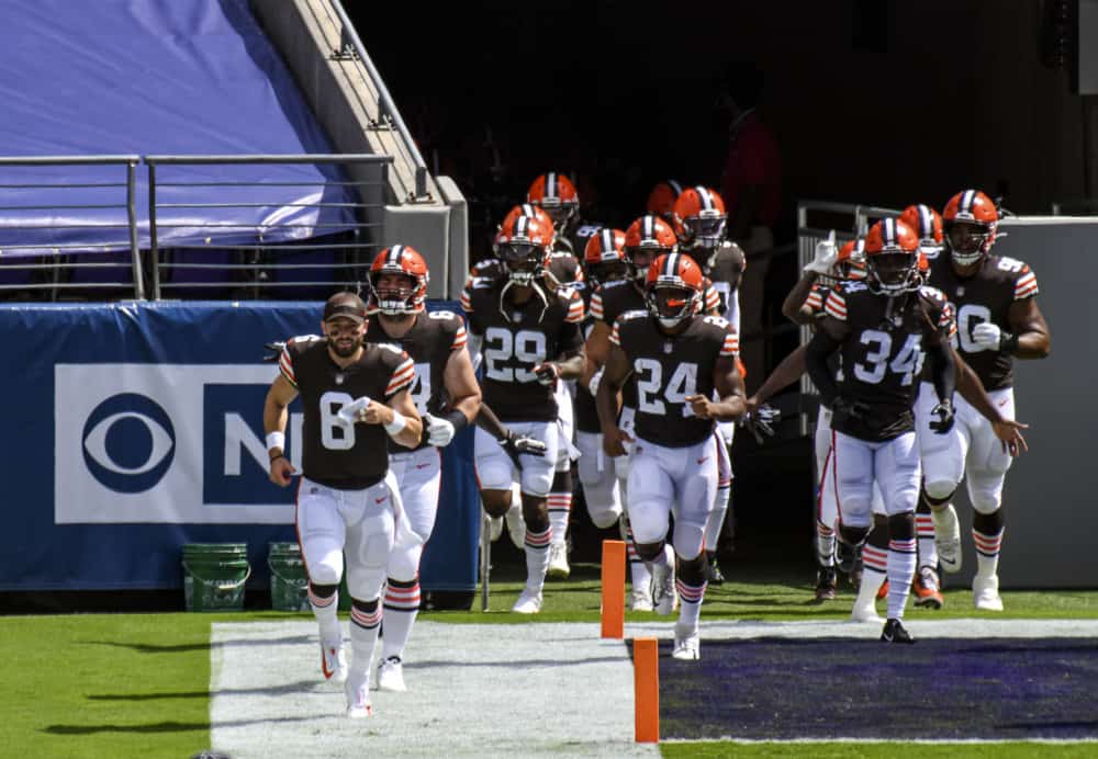 Cleveland Browns quarterback Baker Mayfield (6) leads the Cleveland Browns out of the tunnel for the game against the Baltimore Ravens on September 13, 2020, at M&T Bank Stadium in Baltimore, MD. 