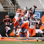 Cincinnati Bengals wide receiver Tee Higgins (85) attempts to catch a pass at the end of the game against the Cleveland Browns and the Cincinnati Bengals on October 25, 2020, at Paul Brown Stadium in Cincinnati, OH.