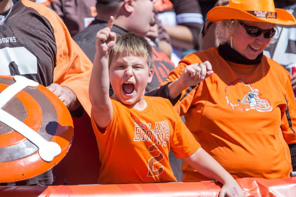 Cleveland Browns fans celebrate a Browns touchdown during the first quarter of the game between the Tennessee Titans and Cleveland Browns at FirstEnergy Stadium in Cleveland, OH. Cleveland defeated Tennessee 28-14.