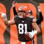 Austin Hooper #81 of the Cleveland Browns reacts after his touchdown against the Pittsburgh Steelers in the third quarter at FirstEnergy Stadium on January 03, 2021 in Cleveland, Ohio.