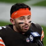 Baker Mayfield #6 of the Cleveland Browns is interviewed after defeating the Pittsburgh Steelers 24-22 at FirstEnergy Stadium on January 03, 2021 in Cleveland, Ohio.
