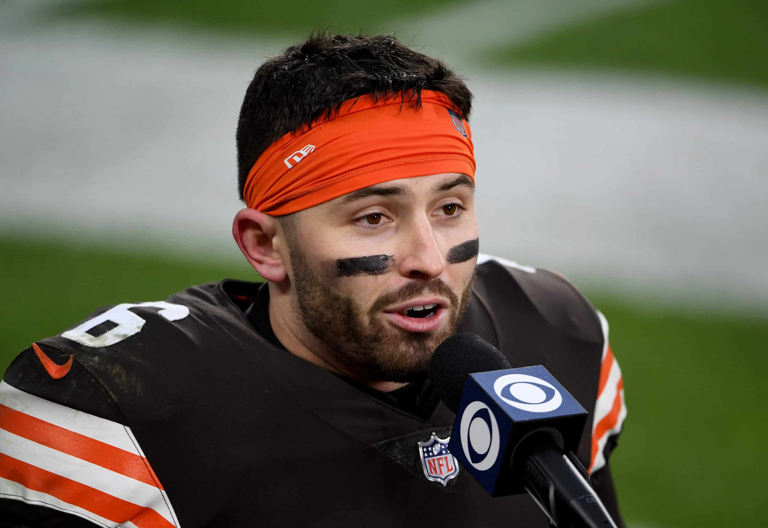 Baker Mayfield #6 of the Cleveland Browns is interviewed after defeating the Pittsburgh Steelers 24-22 at FirstEnergy Stadium on January 03, 2021 in Cleveland, Ohio.