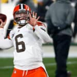 Baker Mayfield #6 of the Cleveland Browns participates in warmups prior to the AFC Wild Card Playoff game against the Pittsburgh Steelers at Heinz Field on January 10, 2021 in Pittsburgh, Pennsylvania.
