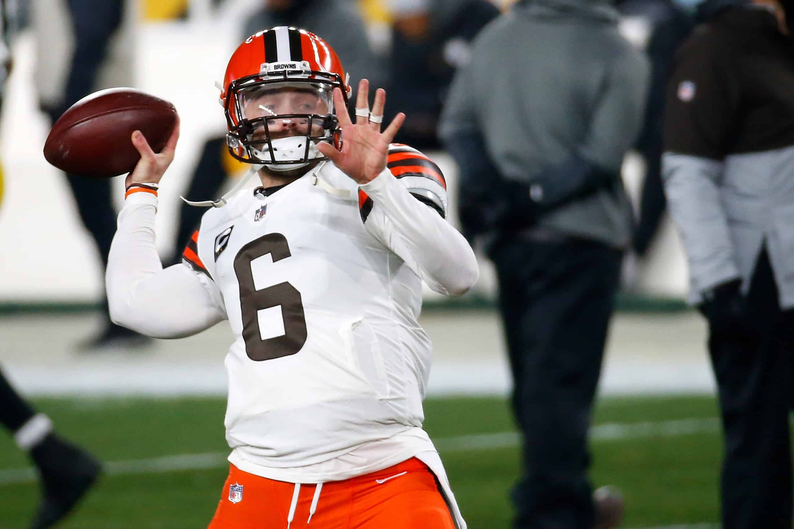 Baker Mayfield #6 of the Cleveland Browns participates in warmups prior to the AFC Wild Card Playoff game against the Pittsburgh Steelers at Heinz Field on January 10, 2021 in Pittsburgh, Pennsylvania.