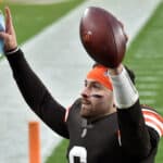 Baker Mayfield #6 of the Cleveland Browns celebrates after defeating the Pittsburgh Steelers 24-22 at FirstEnergy Stadium on January 03, 2021 in Cleveland, Ohio.