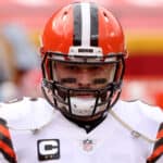 Quarterback Baker Mayfield #6 of the Cleveland Browns warms up prior to the AFC Divisional Playoff game against the Kansas City Chiefs at Arrowhead Stadium on January 17, 2021 in Kansas City, Missouri.