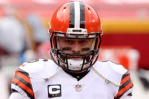 Quarterback Baker Mayfield #6 of the Cleveland Browns warms up prior to the AFC Divisional Playoff game against the Kansas City Chiefs at Arrowhead Stadium on January 17, 2021 in Kansas City, Missouri.