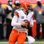 Quarterback Baker Mayfield #6 of the Cleveland Browns drops back to pass during the fourth quarter of the AFC Divisional Playoff game against the Kansas City Chiefs at Arrowhead Stadium on January 17, 2021 in Kansas City, Missouri.