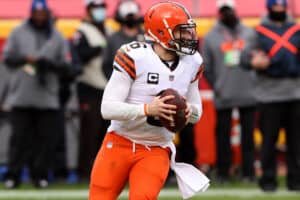 Quarterback Baker Mayfield #6 of the Cleveland Browns drops back to pass during the fourth quarter of the AFC Divisional Playoff game against the Kansas City Chiefs at Arrowhead Stadium on January 17, 2021 in Kansas City, Missouri.