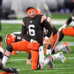 Baker Mayfield #6 of the Cleveland Browns warms up prior to taking on the Baltimore Ravens in the game at FirstEnergy Stadium on December 14, 2020 in Cleveland, Ohio.