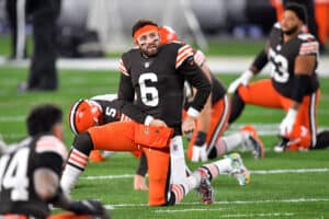 Baker Mayfield #6 of the Cleveland Browns warms up prior to taking on the Baltimore Ravens in the game at FirstEnergy Stadium on December 14, 2020 in Cleveland, Ohio.
