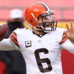 Quarterback Baker Mayfield #6 of the Cleveland Browns drops back to pass during the fourth quarter of the AFC Divisional Playoff game against the Kansas City Chiefs at Arrowhead Stadium on January 17, 2021 in Kansas City, Missouri.