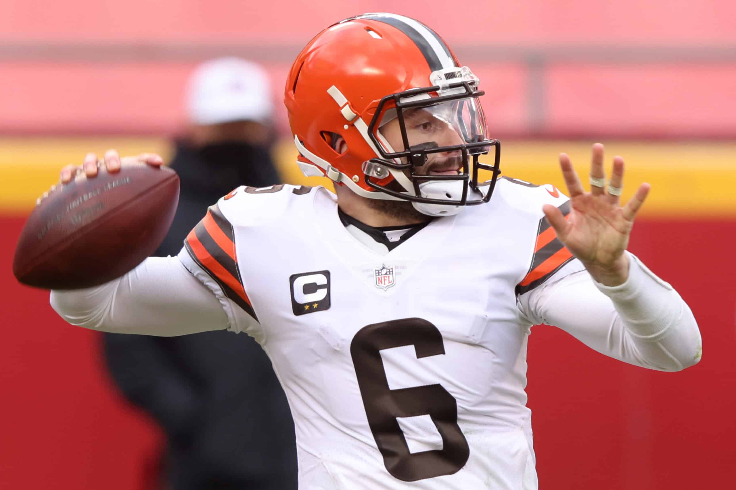 Quarterback Baker Mayfield #6 of the Cleveland Browns drops back to pass during the fourth quarter of the AFC Divisional Playoff game against the Kansas City Chiefs at Arrowhead Stadium on January 17, 2021 in Kansas City, Missouri.