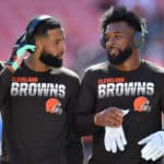 Wide receivers Odell Beckham #13 and Jarvis Landry #80 of the Cleveland Browns walk together during warm ups before playing against the Tennessee Titans in the game at FirstEnergy Stadium on September 08, 2019 in Cleveland, Ohio.