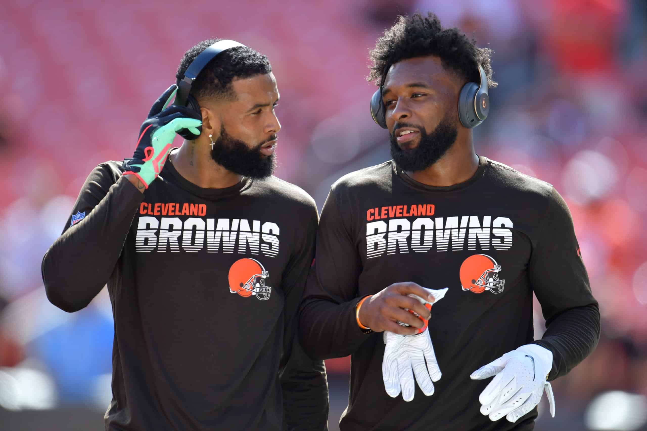 Wide receivers Odell Beckham #13 and Jarvis Landry #80 of the Cleveland Browns walk together during warm ups before playing against the Tennessee Titans in the game at FirstEnergy Stadium on September 08, 2019 in Cleveland, Ohio.