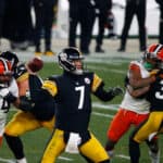 Ben Roethlisberger #7 of the Pittsburgh Steelers throws a pass during the first half of the AFC Wild Card Playoff game against the Cleveland Browns at Heinz Field on January 10, 2021 in Pittsburgh, Pennsylvania.