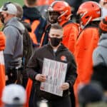 Tight end coach Callie Brownson of the Cleveland Browns looks on in the second quarter against the New York Jets at MetLife Stadium on December 27, 2020 in East Rutherford, New Jersey.