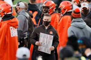 Tight end coach Callie Brownson of the Cleveland Browns looks on in the second quarter against the New York Jets at MetLife Stadium on December 27, 2020 in East Rutherford, New Jersey.