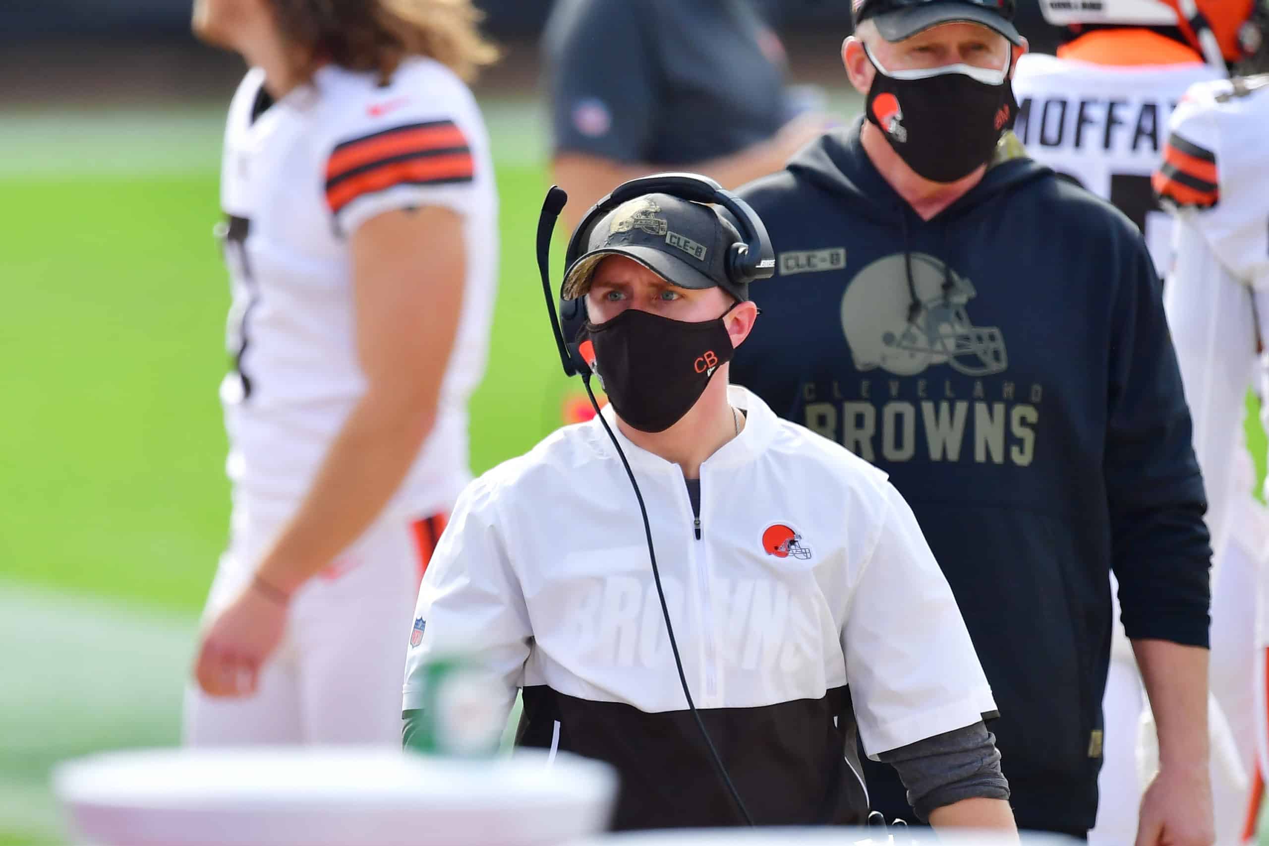 Tight ends coach Callie Brownson looks on during their game against the Jacksonville Jaguars at TIAA Bank Field on November 29, 2020 in Jacksonville, Florida. 