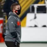 Cleveland Browns assistant coach Callie Brownson watches action during pregame warmups prior to the AFC Wild Card Playoff game against the Pittsburgh Steelers at Heinz Field on January 10, 2021 in Pittsburgh, Pennsylvania.