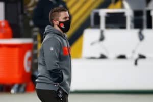 Cleveland Browns assistant coach Callie Brownson watches action during pregame warmups prior to the AFC Wild Card Playoff game against the Pittsburgh Steelers at Heinz Field on January 10, 2021 in Pittsburgh, Pennsylvania.