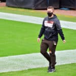 Tight ends coach Callie Brownson walks during warm ups prior to their game against the Jacksonville Jaguars at TIAA Bank Field on November 29, 2020 in Jacksonville, Florida.
