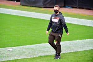 Tight ends coach Callie Brownson walks during warm ups prior to their game against the Jacksonville Jaguars at TIAA Bank Field on November 29, 2020 in Jacksonville, Florida.