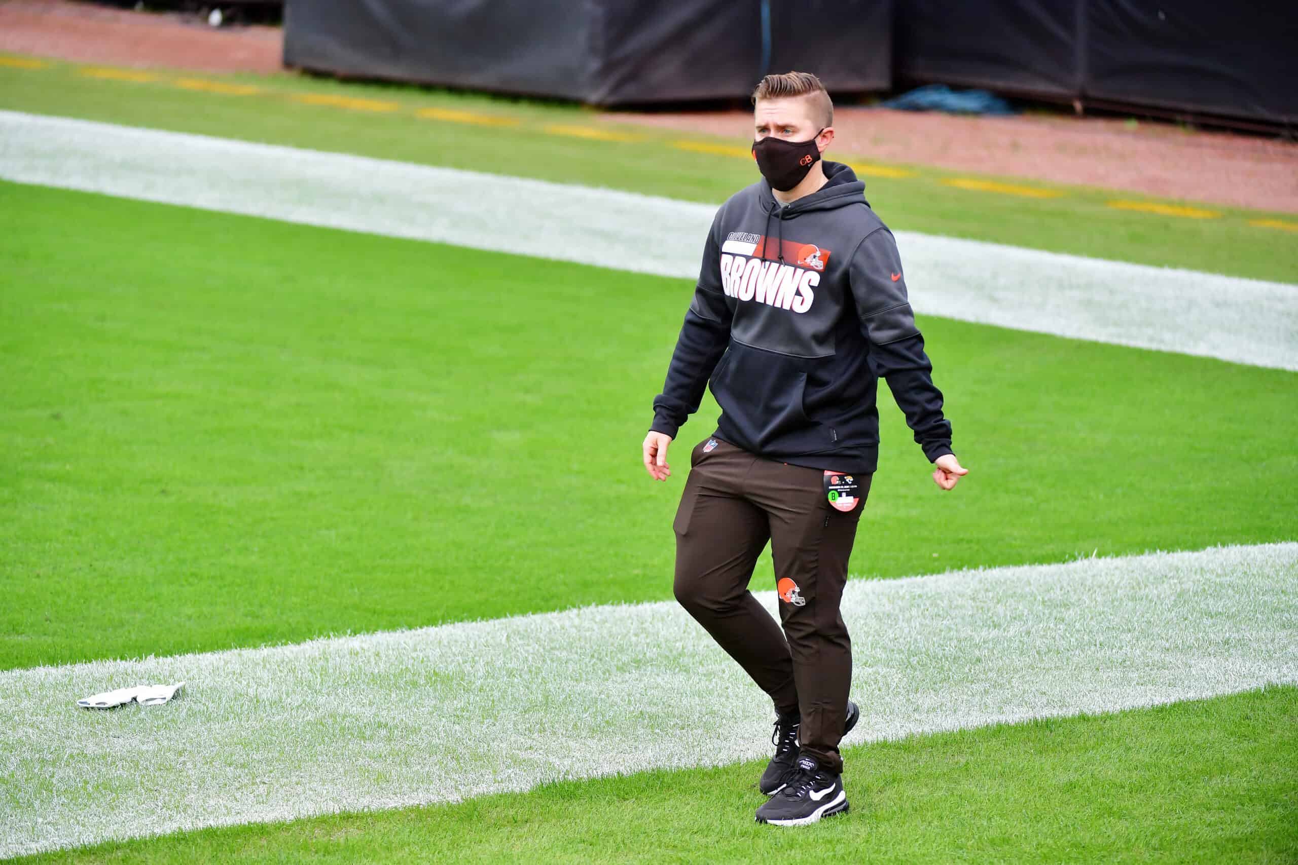 Tight ends coach Callie Brownson walks during warm ups prior to their game against the Jacksonville Jaguars at TIAA Bank Field on November 29, 2020 in Jacksonville, Florida. 