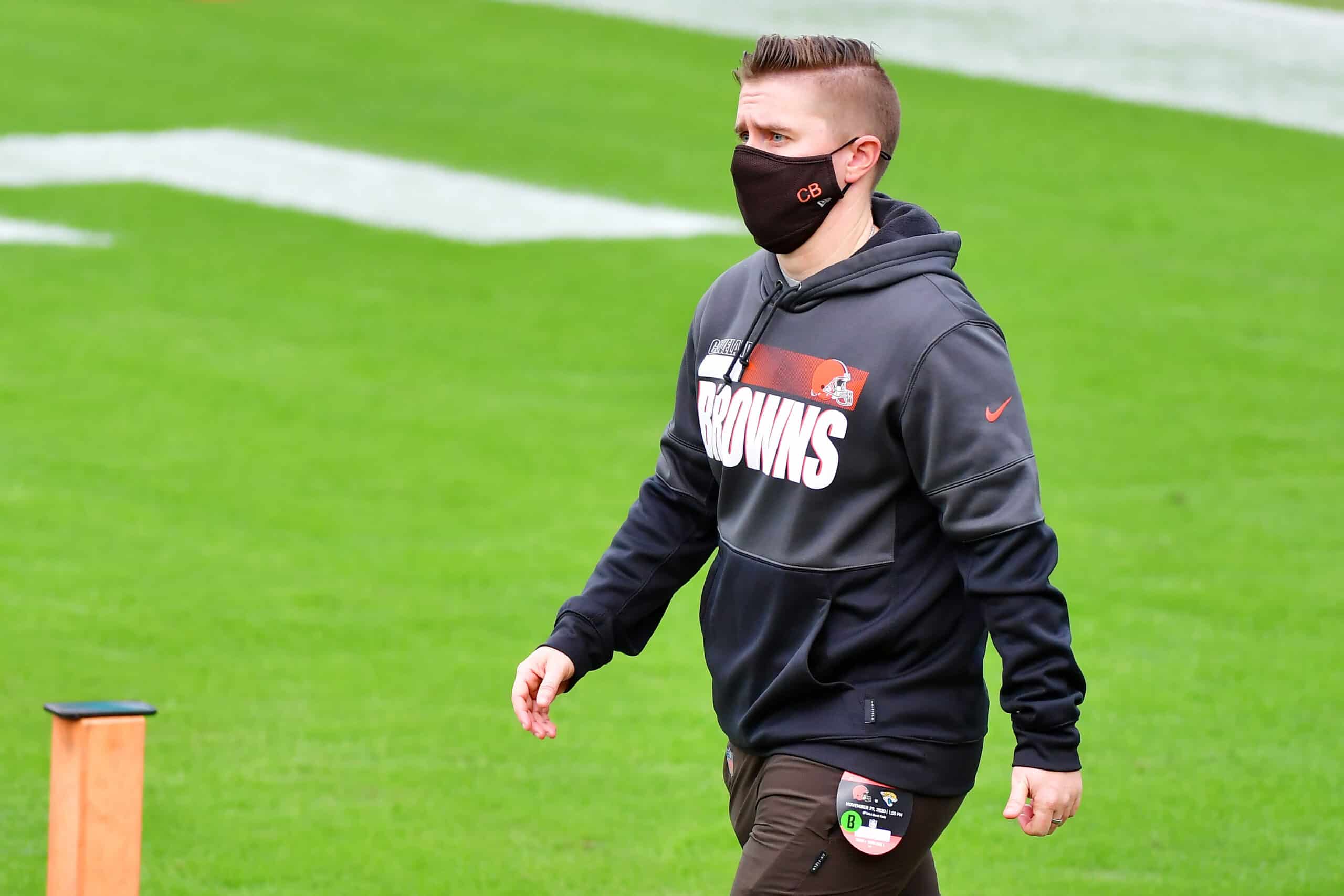 Tight ends coach Callie Brownson walks during warm ups prior to their game against the Jacksonville Jaguars at TIAA Bank Field on November 29, 2020 in Jacksonville, Florida.