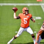 Quarterback Case Keenum #5 of the Cleveland Browns passes during training camp at FirstEnergy Stadium on August 30, 2020 in Cleveland, Ohio.