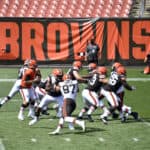 Quarterback Case Keenum #5 of the Cleveland Browns runs a play during training camp at FirstEnergy Stadium on August 30, 2020 in Cleveland, Ohio.
