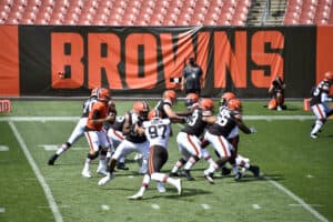 Quarterback Case Keenum #5 of the Cleveland Browns runs a play during training camp at FirstEnergy Stadium on August 30, 2020 in Cleveland, Ohio.