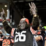 A Cleveland Browns fan cheers during the game between the Indianapolis Colts and Cleveland Browns at FirstEnergy Stadium on October 11, 2020 in Cleveland, Ohio.