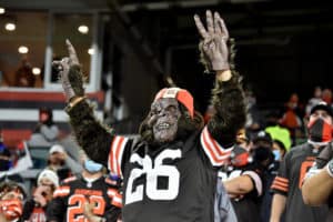 A Cleveland Browns fan cheers during the game between the Indianapolis Colts and Cleveland Browns at FirstEnergy Stadium on October 11, 2020 in Cleveland, Ohio.