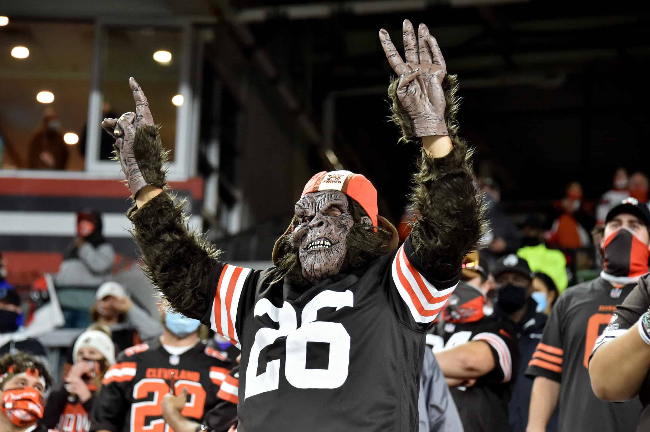 A Cleveland Browns fan cheers during the game between the Indianapolis Colts and Cleveland Browns at FirstEnergy Stadium on October 11, 2020 in Cleveland, Ohio. 