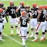Baker Mayfield #6 of the Cleveland Browns returns to the huddle after a break in play during the first half against the Baltimore Ravens at M&T Bank Stadium on September 13, 2020 in Baltimore, Maryland.
