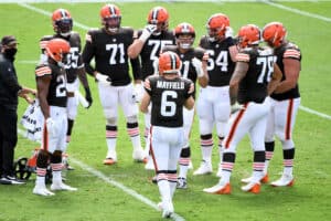 Baker Mayfield #6 of the Cleveland Browns returns to the huddle after a break in play during the first half against the Baltimore Ravens at M&T Bank Stadium on September 13, 2020 in Baltimore, Maryland.