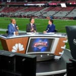 Sunday Night Football Commentators Mike Tirico, Cris Collinsworth and Bob Costas report prior to the NFL game between the New England Patriots and Arizona Cardinals at University of Phoenix Stadium on September 11, 2016 in Glendale, Arizona.