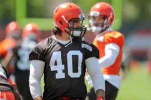 BEREA, OH - MAY 23: Cleveland Browns fullback Danny Vitale (40) participates in drills during the Cleveland Browns OTA on May 23, 2018 at the Cleveland Browns Training Facility in Berea, Ohio.