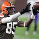 David Njoku #85 of the Cleveland Browns warms up prior to taking on the Baltimore Ravens in the game at FirstEnergy Stadium on December 14, 2020 in Cleveland, Ohio.