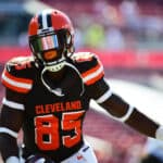 David Njoku #85 of the Cleveland Browns catches a pass during pregame before a game against the Tampa Bay Buccaneers on October 21, 2018 at Raymond James Stadium in Tampa, Florida.