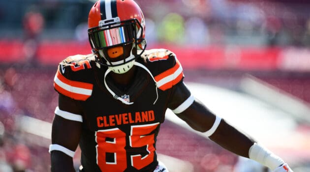 David Njoku #85 of the Cleveland Browns catches a pass during pregame before a game against the Tampa Bay Buccaneers on October 21, 2018 at Raymond James Stadium in Tampa, Florida.