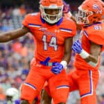 Sam Houston State Bearkats wide receiver Davion Davis (14) and Sam Houston State Bearkats wide receiver Nathan Stewart (81) celebrate a Davis first half touchdown during the Battle of the Piney Woods football game between Stephen F. Austin Lumberjacks and the Sam Houston State Bearkats on October 7, 2017 at NRG Stadium in Houston, Texas.