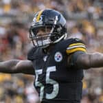 Pittsburgh Steelers linebacker Devin Bush (55) reacts to a call during the NFL football game between Cleveland Browns and the Pittsburgh Steelers on December 1, 2019 at Heinz Field in Pittsburgh, PA.