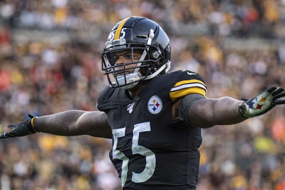 Pittsburgh Steelers linebacker Devin Bush (55) reacts to a call during the NFL football game between Cleveland Browns and the Pittsburgh Steelers on December 1, 2019 at Heinz Field in Pittsburgh, PA.