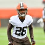 Greedy Williams #26 of the Cleveland Browns works out during training camp on August 16, 2020 at the Cleveland Browns training facility in Berea, Ohio.