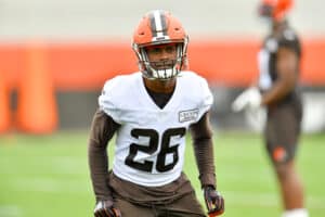 Greedy Williams #26 of the Cleveland Browns works out during training camp on August 16, 2020 at the Cleveland Browns training facility in Berea, Ohio.