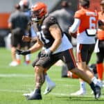 Offensive tackle Jedrick Wills Jr. #71 of the Cleveland Browns works out during training camp on August 18, 2020 at the Browns training facility in Berea, Ohio.